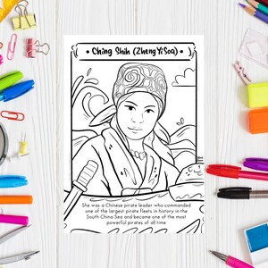 May include: Black and white line art illustration of Ching Shih, a Chinese pirate leader. The image includes text describing her as a commander of a large pirate fleet in the South China Sea. The illustration is on a white background.