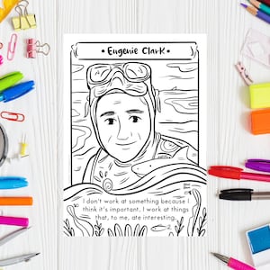 Women in Science EUGENIE CLARK Stem Woman Inspiring Coloring Page Female Scientist Printable Drawing Ocean Coloring Sheet Shark Week Print