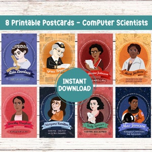 Cartoline stampabili, Ada Lovelace, Grace Hopper, Mary Jackson, Dorothy Vaughan, Hedy Lamarr, Margaret Hamilton, and Katherine Johnson