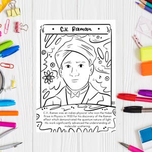 Hoja de trabajo de C.V. Raman, un científico famoso. Hoja para colorear con temática científica. Dibujo imprimible de figuras históricas científicas. Descarga digital.