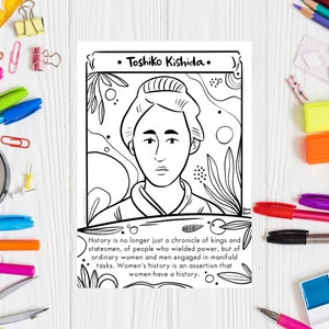Women in Literature Coloring Page Toshiko Kishida Women in History Female Writer Printable Drawing Women Author Printable Women Writer