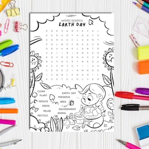 May include: A black and white printable Earth Day word search puzzle with a cartoon illustration of a child planting a tree. The puzzle includes words like "clean", "plant", "reduce", "reuse", "recycle", "earth day", "preserve", "bees", "environment", and "animal".