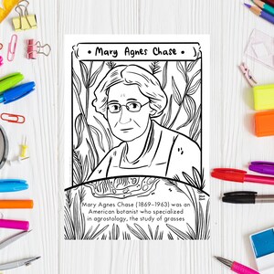May include: Black and white line art illustration of Mary Agnes Chase, an American botanist who specialised in agrostology, the study of grasses. The text "Mary Agnes Chase (1869-1963) was an American botanist who specialised in agrostology, the study of grasses" is below the illustration.