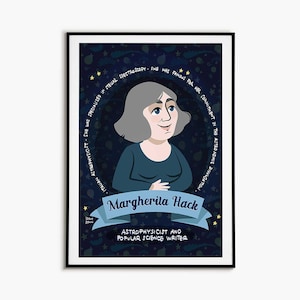 Könnte beinhalten: Gerahmte Illustration von Margherita Hack, italienische Astrophysikerin und Wissenschaftsautorin. Das Kunstwerk zeigt ein Cartoon-Porträt von Hack mit grauem Haar und einem blauen Oberteil vor einem dunkelblauen Sternenhintergrund. Text enthält ihren Namen und Beruf.