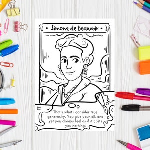 Women History Month SIMONE DE BEAUVOIR Coloring Page Printable Drawing Downloadable Print Women in History Feminist Icon Coloring Sheet