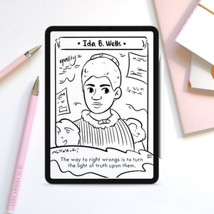 May include: Black and white line drawing illustration of Ida B. Wells, an African American journalist and activist. The quote "The way to right wrongs is to turn the light of truth upon them." is included in the image.