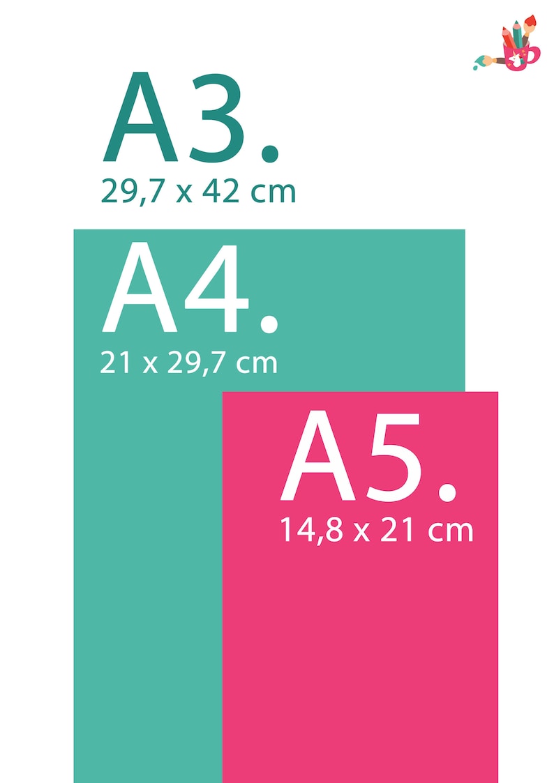 Puede incluir: Un gr&aacute;fico que muestra los diferentes tama&ntilde;os de papel, A3, A4 y A5. Los tama&ntilde;os de papel se muestran en un esquema de color verde, verde azulado y rosa. Las dimensiones de cada tama&ntilde;o de papel se enumeran en cent&iacute;metros.
