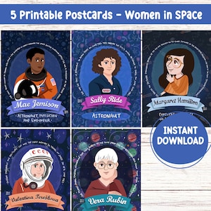 Set di cartoline donne nello spazio, donne nella scienza, cartoline stampabili