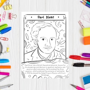 Dibujo imprimible de Paul Dirac, científico famoso, página para colorear STEM, hoja para colorear de un científico famoso, actividad para colorear STEM, retrato de un científico