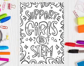 Feminist Coloring Page Support Girl in STEM Girl Printable Drawing Science Quote Coloring Sheet Women in Stem Print Women in Science Art