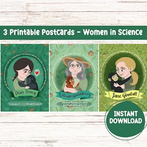 Bundle de cartes postales imprimables du mois de l'histoire des femmes inspirantes Jane Goodall Dian Fossey Biruté Galdikas, amoureux de la nature, cadeau d'art