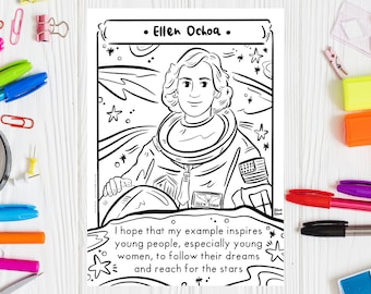 Hispanic Heritage Month Coloring Page Ellen Ochoa Educational Activity Printable Coloring Sheet Science Bulletin Board STEM Women in Science