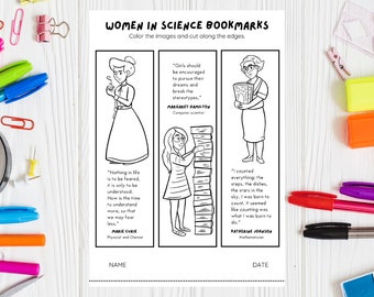 Women in Science Bookmark Printable Drawing for STEM Classroom Special Teacher Learning Material Road Trip Activity for Girl Coloring Page