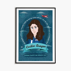 Può includere: Un'illustrazione digitale di Cecilia Aragon, una scienziata informatica e pilota latinoamericana. L'illustrazione è su uno sfondo blu con un motivo di schede di circuito e nuvole. Il testo "She developed a software to facilitate insight into vast and complex data sets. She is the first Latina pilot on US Aerobatic Team" è scritto intorno all'illustrazione. Il testo "Cecilia Aragon" è scritto in uno striscione sotto l'illustrazione. Il testo "Computer Scientist and Acrobatic Pilot" è scritto sotto lo striscione.