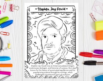 Peut inclure: Dessin au trait en noir et blanc de Stephen Jay Gould, paléontologue, biologiste évolutionniste et historien des sciences américain. Le texte sous le dessin indique "Stephen Jay Gould était un paléontologue, biologiste évolutionniste et historien des sciences américain. Il est surtout connu pour sa théorie de l'équilibre ponctué et pour avoir popularisé la science par ses écrits, qui ont remis en question les points de vue conventionnels sur l'évolution."