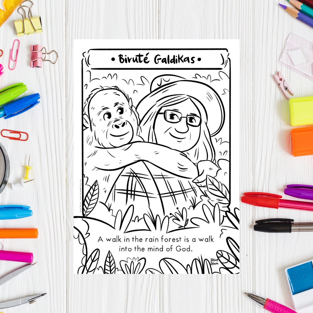 Página para colorir Biruté Galdikas: Mulheres na Ciência, Zoóloga (download digital)