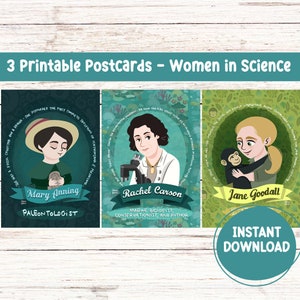 Donne nella scienza, cartoline stampabili, Rachel Carson, Jane Goodall and Mary Anning