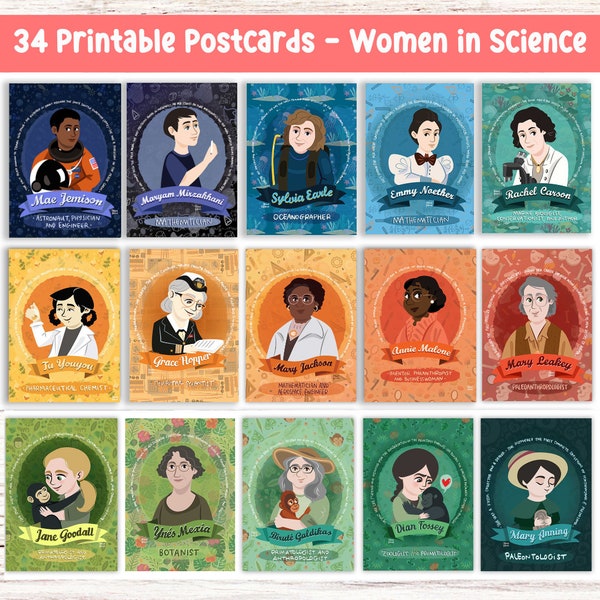 Women in Science Print Women in Stem Bundle Printable Postcard of Female Scientist Women in Math Classroom Decor Art Digital Download Print