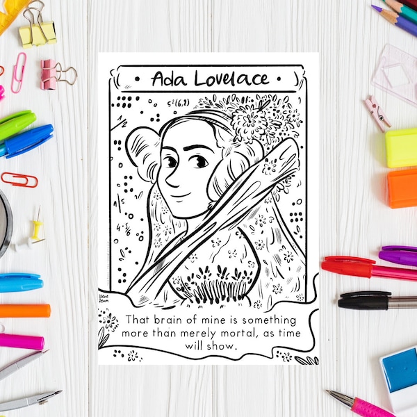 Ada Lovelace Coloring Page Female Scientist Printable Drawing Colouring Sheet Computer Science Ada Lovelace Day Women in Math Women in STEM