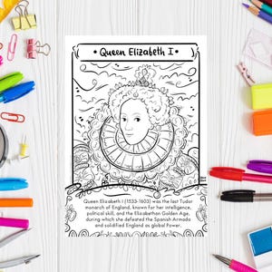 Kleurplaat Queen Elizabeth I Women in History Elizabethan Era Kleurplaat voor kinderen Tudor Queen afdrukbare tekening pdf historische figuur