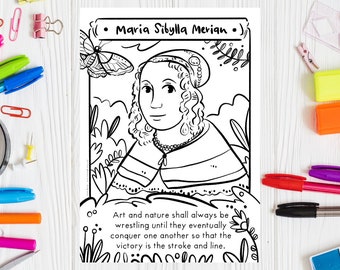 Maria Sibylla Merian Coloring Page Earth Day Activity Science Printable Drawing Naturalist Quote Coloring Sheet STEM Women History Month