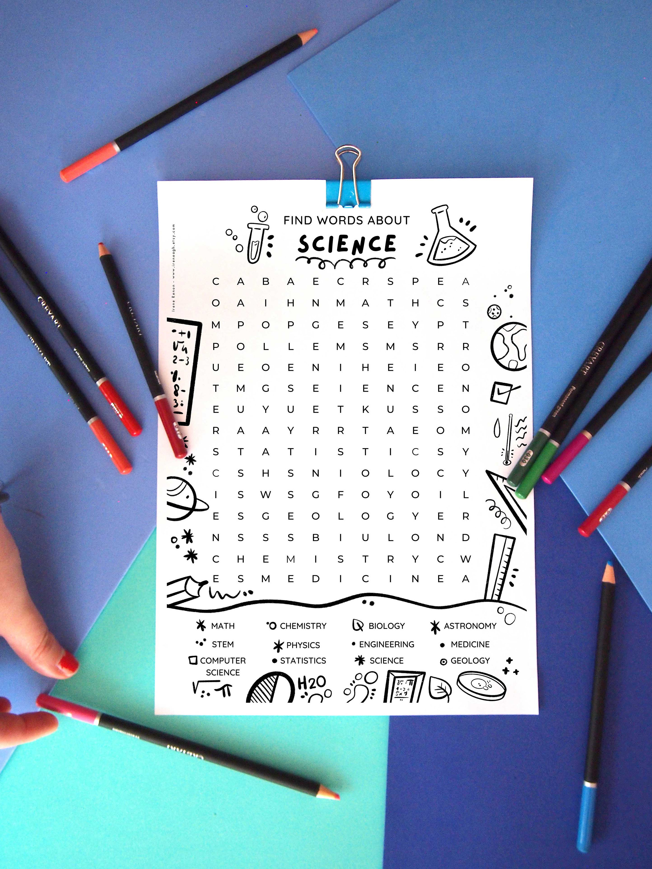 Science Word Search Puzzle: STEM Activity, Printable Coloring Sheet