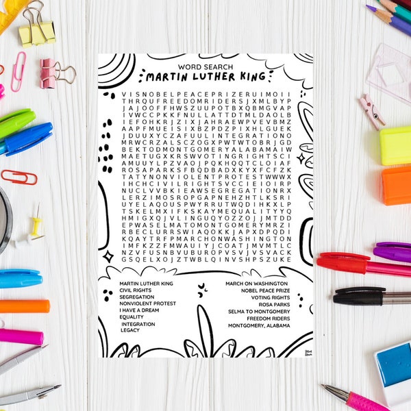Martin Luther King Word Search Worksheet Printable MLK Day Activity Civil Rights Black History Month Puzzle Educational Learning Resource