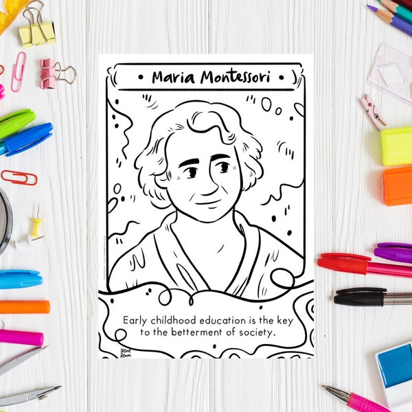 MONTESSORI Printable Coloring Page Maria Montessori Quote Women in Psychology Montessori Science Montessori Printable Female Scientist Art