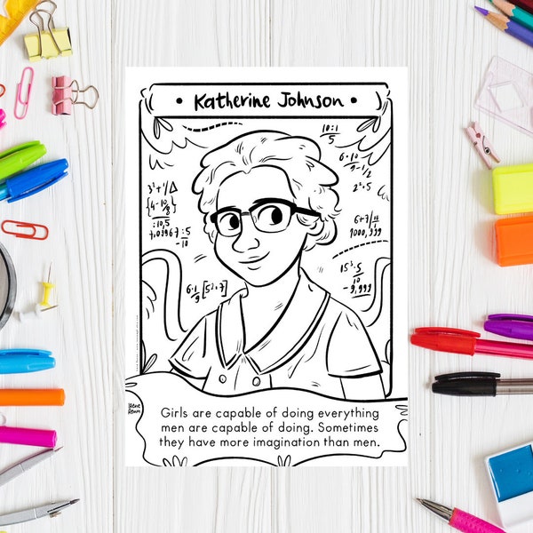 Katherine Johnson Coloring Page Black History Month Printable Hidden Figures Women in Science STEM Women Black Scientist Printable Drawing