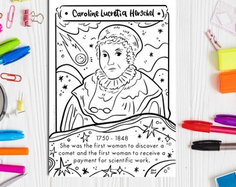 Women in Stem - Coloring Page | Caroline Herschel, Sience Coloring Page, Women In Science, Stem Activities, Science teacher, Kids Printables