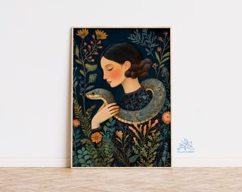 Floral Snake Art Print: Woman and Serpent Botanical Illustration