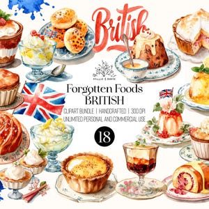 Ensemble de cliparts dessert britannique, tarte à la mélasse aquarelle, bagatelle, pudding et gâteaux, illustration vintage de nourriture pour cartes de recettes et emballage