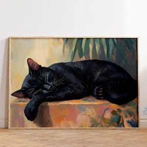 Sleeping Black Cat Art Print: Farmhouse Cottagecore Wall Decor