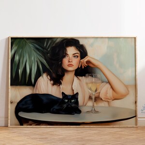 黒猫とマティーニのアートプリント、白い背景の装飾、カクテルラウンジの壁アート、ヴィンテージの猫のイラスト