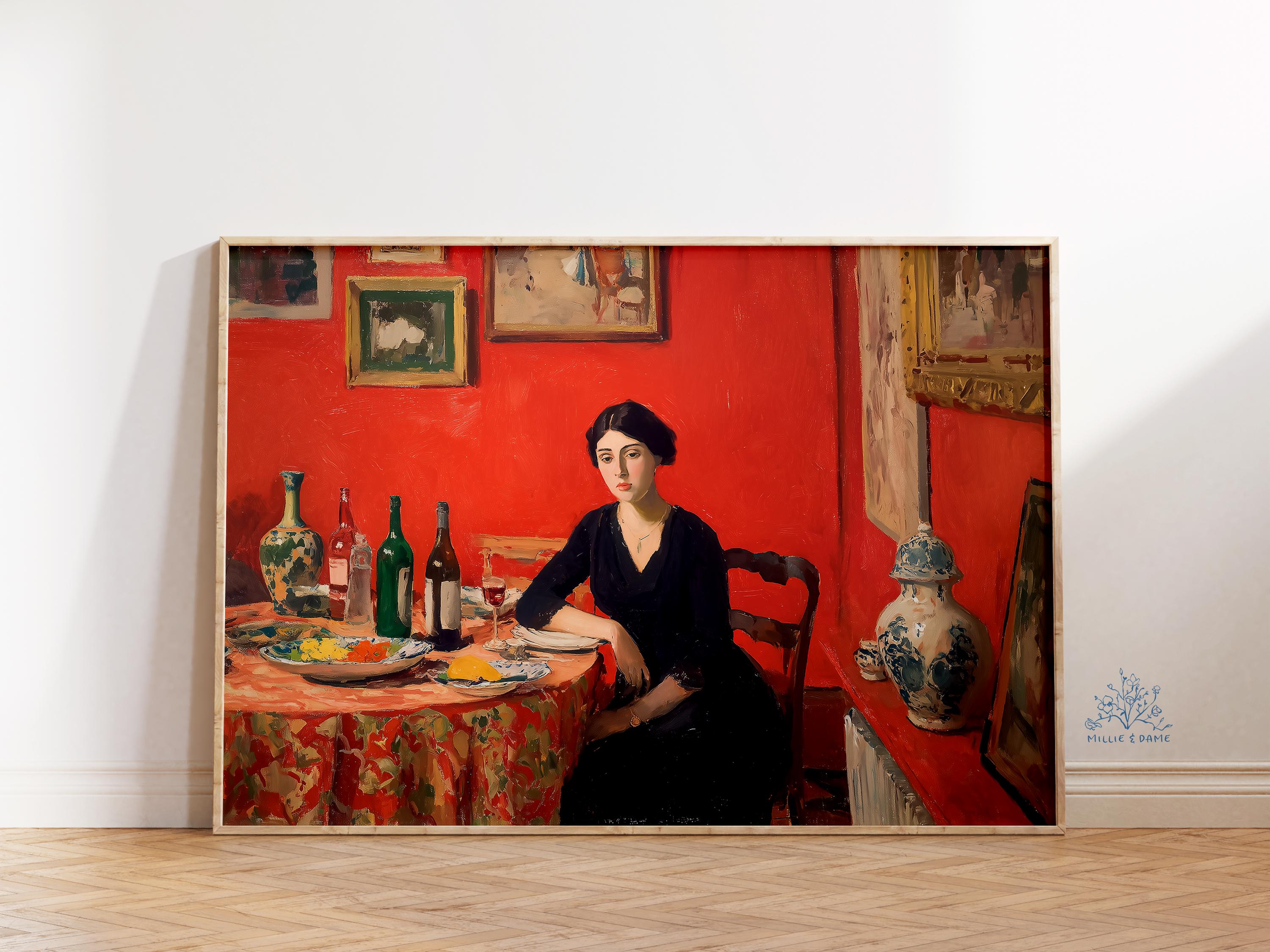 Vintage Woman in Red Dress Art Print: Moody Feminine Wall Decor