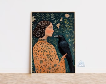 Crow Art Print: Gothic Floral Illustration, Dark Cottagecore Wall Decor