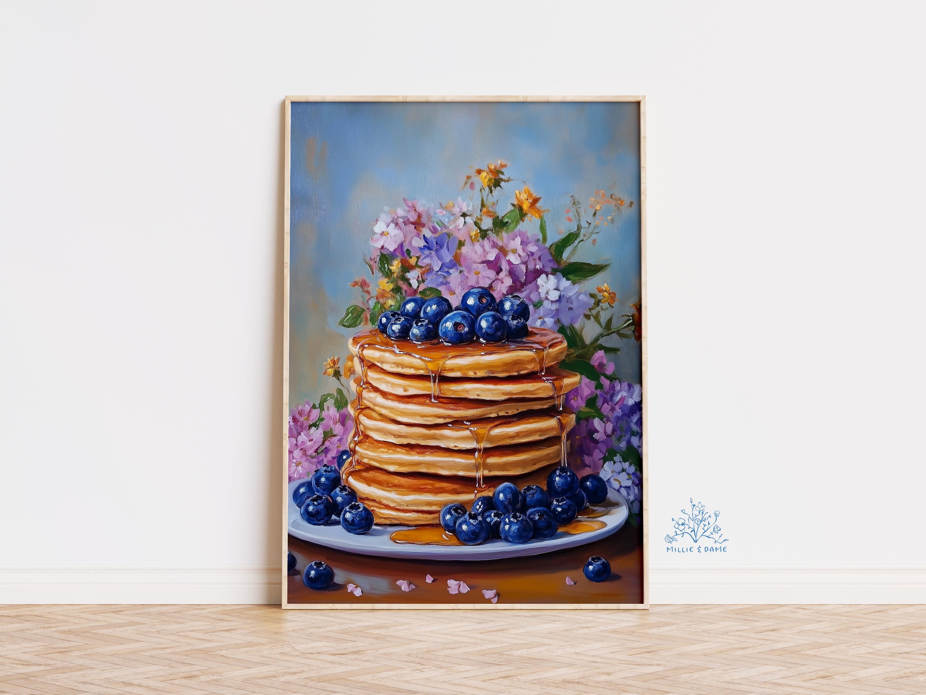 Blueberry Pancake Art Print, Cottagecore Breakfast Wall Art, Cozy Kitchen Decor, Vintage Food Illustration, Whimsical Brunch Poster