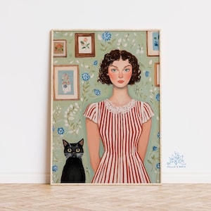 黒猫のアートプリント、猫の女性の肖像画、風変わりな気まぐれな装飾、カクテルバーカートアート、ファインアートプリントギフト、キュートでエレガントな動物のイラスト