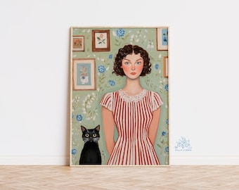 Black Cat Art Print: Moody Gothic Portrait, Vintage Style