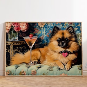 ポメラニアン犬のアートプリント、マティーニカクテルデコレーション、キュートで風変わりな気まぐれ、バーカートアート、ファインアートギフト、エレガントな動物デコレーション、犬好きへのギフト