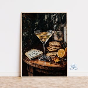 Martini, ser i krakersy Giclée Art Print, martwa natura, koktajl, elegancki obraz olejny, sztuka na wózek barowy, modny prezent na ścianę kuchenną