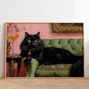 黒猫のマティーニアートプリント、気まぐれなカクテルバーの装飾、風変わりなウォールアート、エレガントな猫好きへのギフト