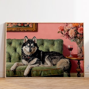 ハスキー犬と赤ワインのアートプリント、気まぐれなカクテルデコレーション、ファインアートギフト、エレガントな動物愛好家へのギフト