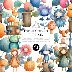 Pacchetto di clipart di animali del bosco, creature autunnali della foresta, fate autunnali, funghi, pipistrelli, set di PNG acquerellati per bambini e lavoretti.