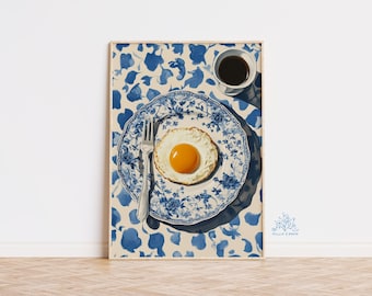 Egg and Coffee Art Print, Breakfast Kitchen Wall Decor, Cozy Food Illustration, Retro Brunch Art, Whimsical Cafe Print for Food Lovers