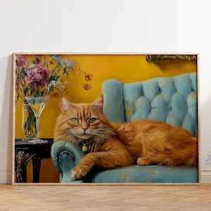 猫とマティーニのアートプリント、風変わりなカクテルアート、オレンジジンジャーキャットのウォールアート、バーカートの装飾ギフト