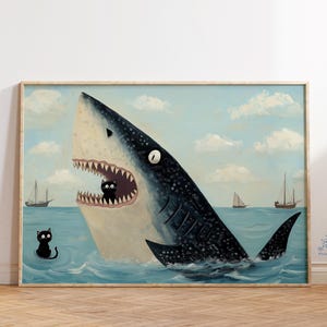 Black Cat and Shark Art Print, Funny Animal Wall Art, Quirky Ocean Poster, Cat Riding Shark, Trendy Bathroom Decor, Black Cat Art