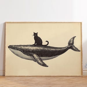 Lámina artística vintage de ballena y gato, lienzo oceánico, arte mural de ballena gigante, pintura de ballena majestuosa, póster vintage del océano, decoración náutica