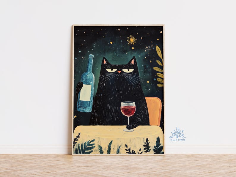Black Cat Wine Art Print: Mid-century Modern Bar Cart Decor - Etsy