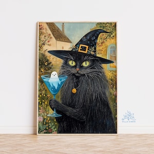 黒猫マティーニアートプリント、風変わりな気まぐれな装飾、ハロウィーンカクテルアート、バーカートの装飾、ファインアートギフト、エレガントな動物プリント